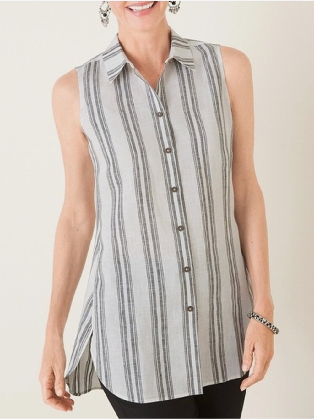 Chico's Black And White Striped Button‎ Down 100% Linen Blouse